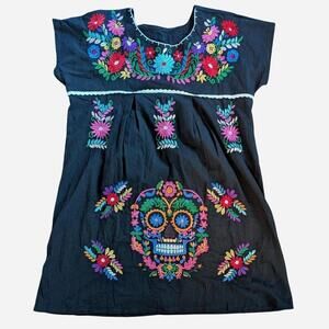 Linen blend embroidered Día de los Muertos Folk Dress w Sugar Skulls – Size XL